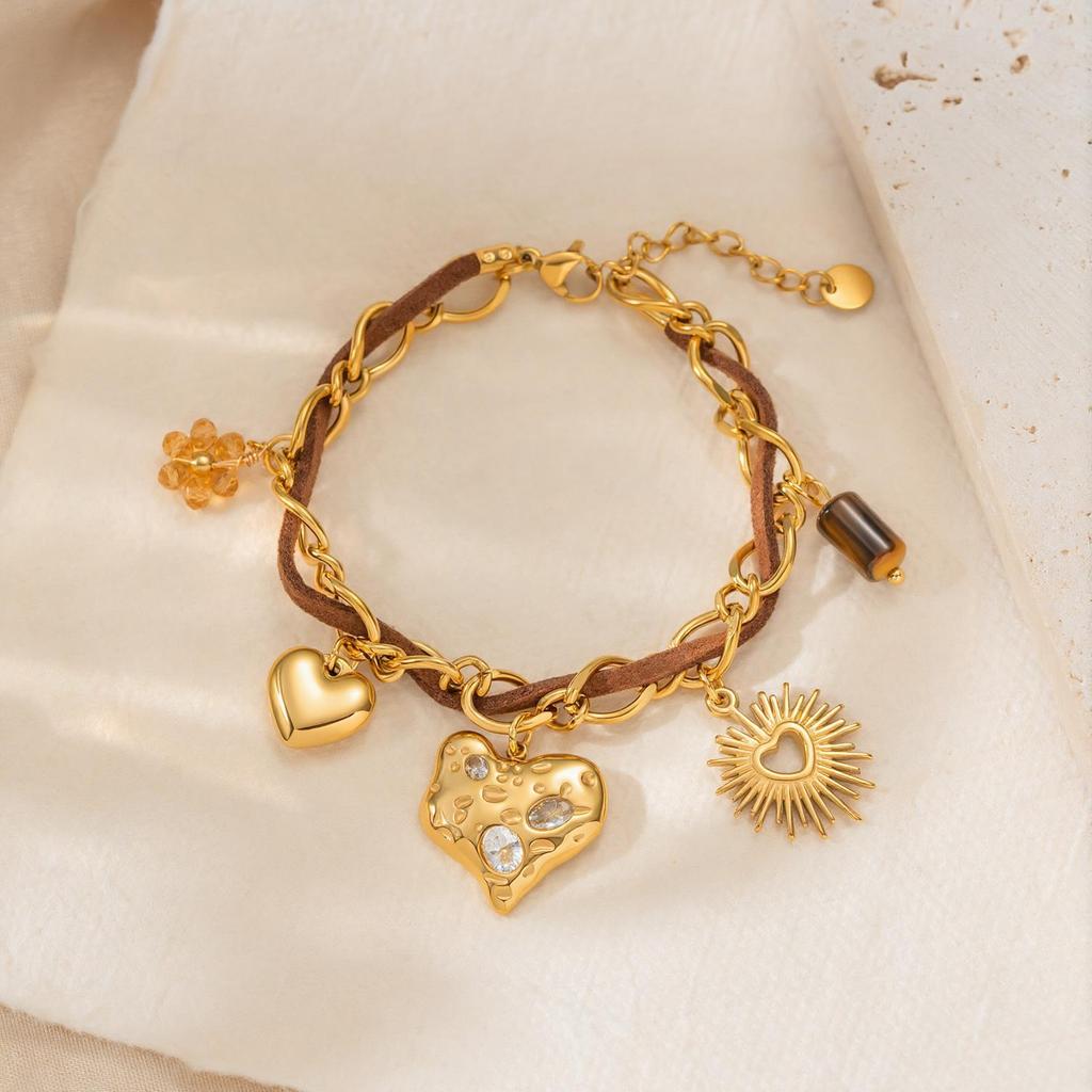 18K Gold-Plated Stainless Steel & Suede Leather Double-Layer Bracelet with Heart and Sun Crystal Pendant Charm