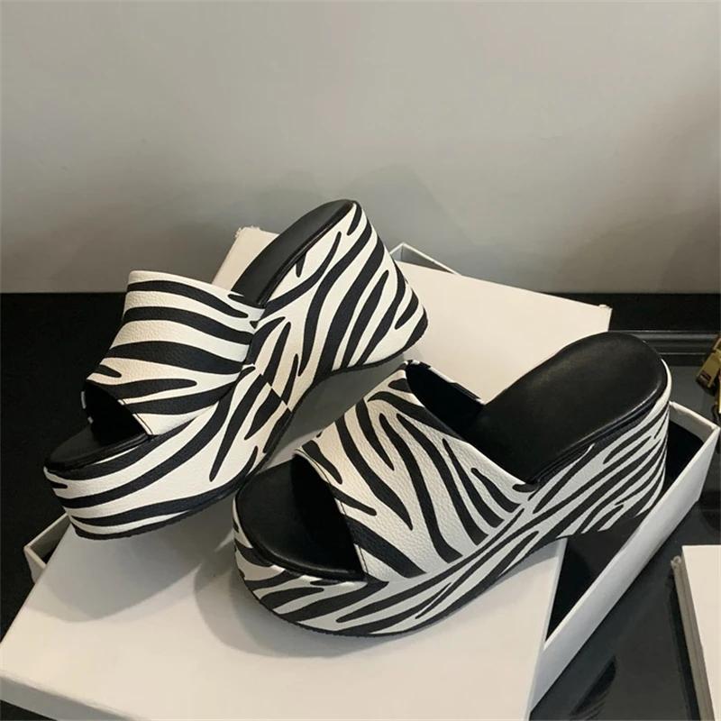 Eilyken Summer Design Platform Wedges Woman Slippers Zebra Stripes Thick Bottom Heels Banquet Slides Shoes
