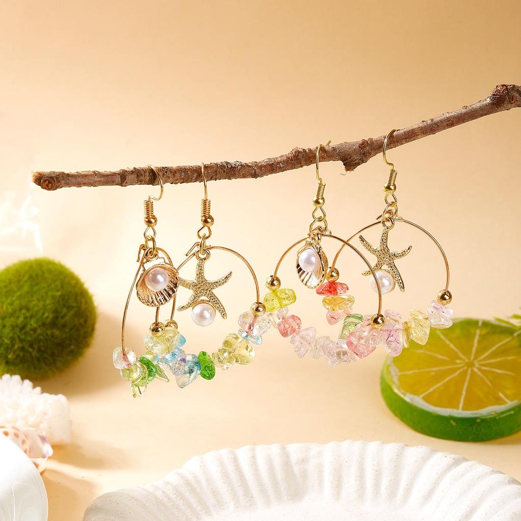 Bohemian Retro Starfish Crushed Stone Pendant Earrings