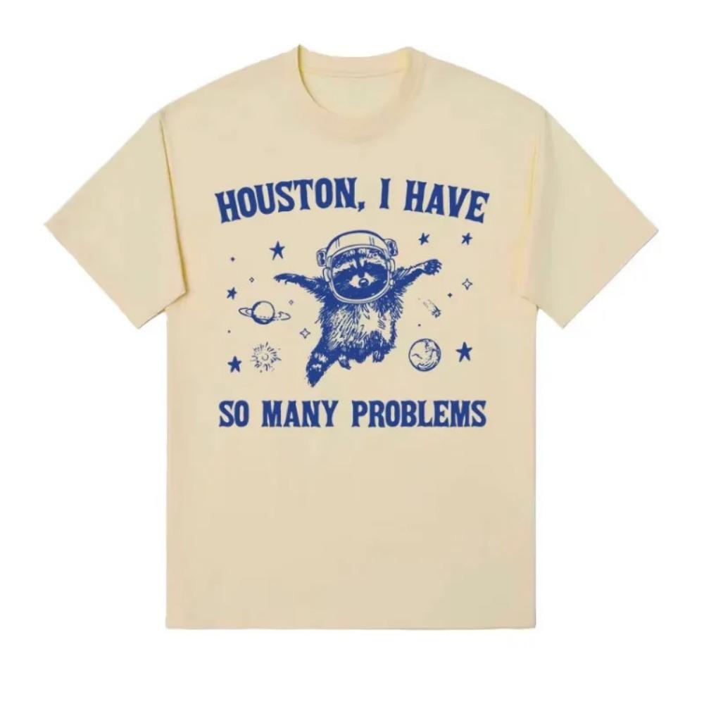Grappig Retro Houston I Have So Many Problems Meme T-shirt Wasbeer in de Ruimte Grappig T-shirt Heren Dames Esthetisch T-shirt