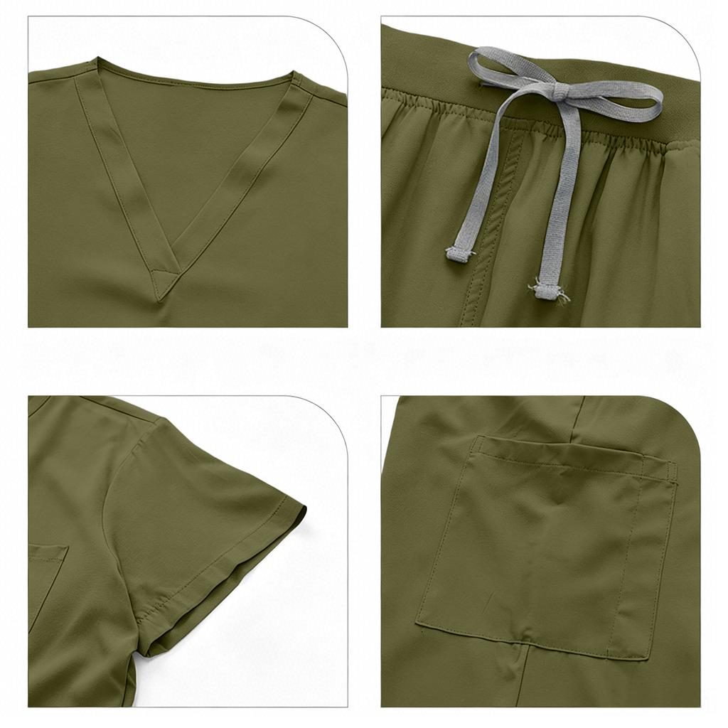 Women's Uniform Scrub Set - Quick-Dry V-Neck Short Sleeve Top with Pockets and Long Pants, Color