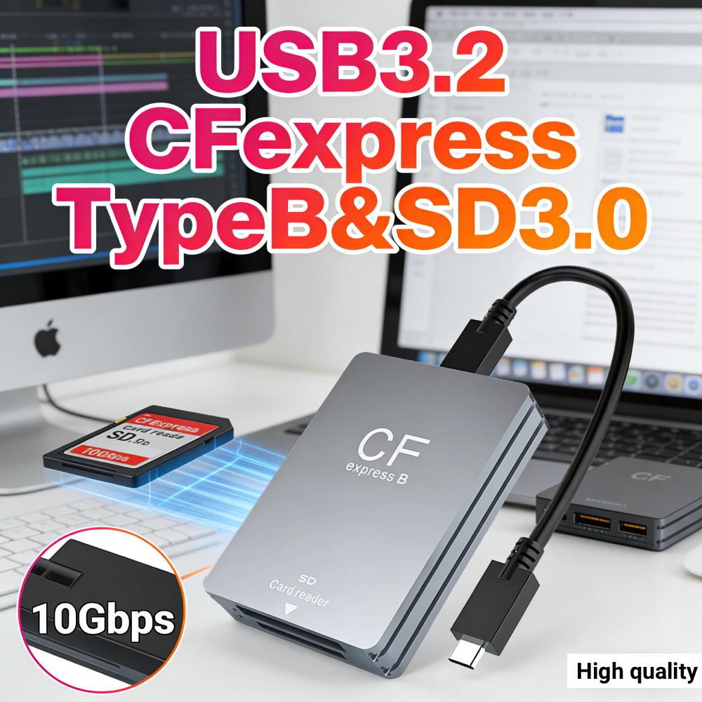 2 in 1 CFexpress Type B SD Card Reader CFexpress Card Adapter USB 3.2 10Gbps Dual-Slot Support Android/Windows/ OS for SLR