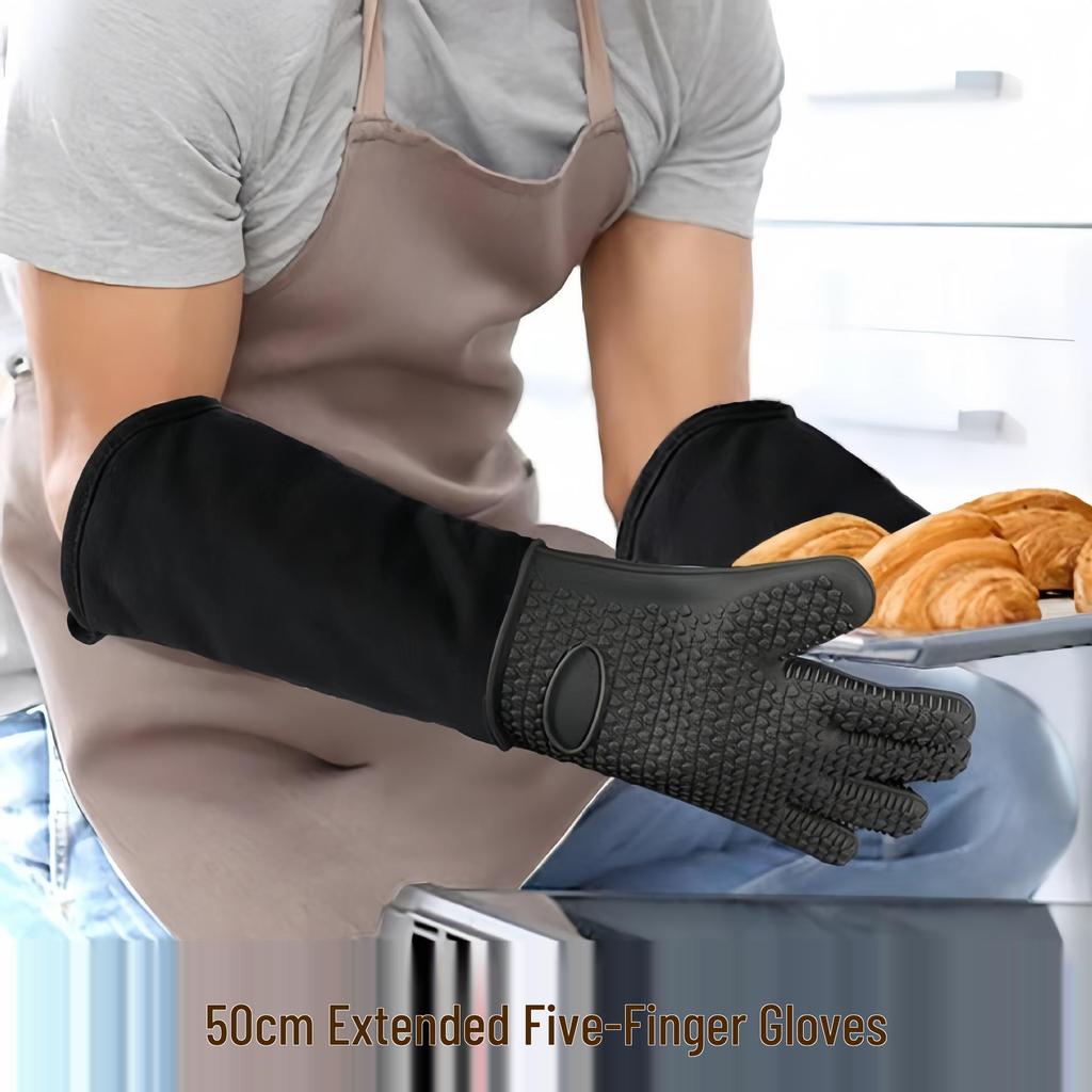 Heat-Resistant Silicone Oven Gloves - Anti-Scald, Waterproof, Flexible, Five-Finger Design for BBQ and Baking.