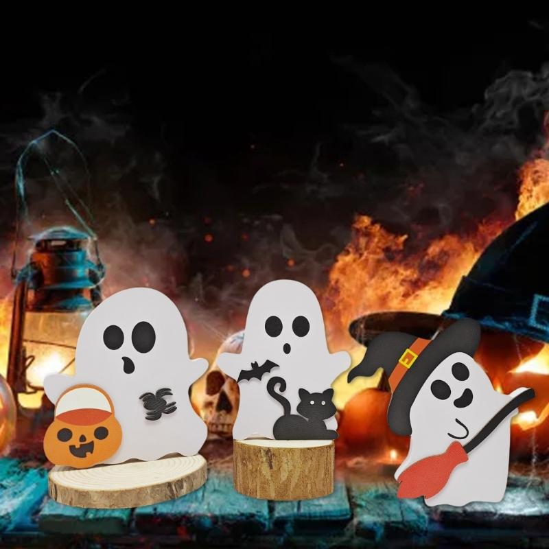 Festives Halloween Wood Ghostly, Black Cats Brooms Pumpkins Table Decorations Wood Tiered Tray Decoration Table Sign