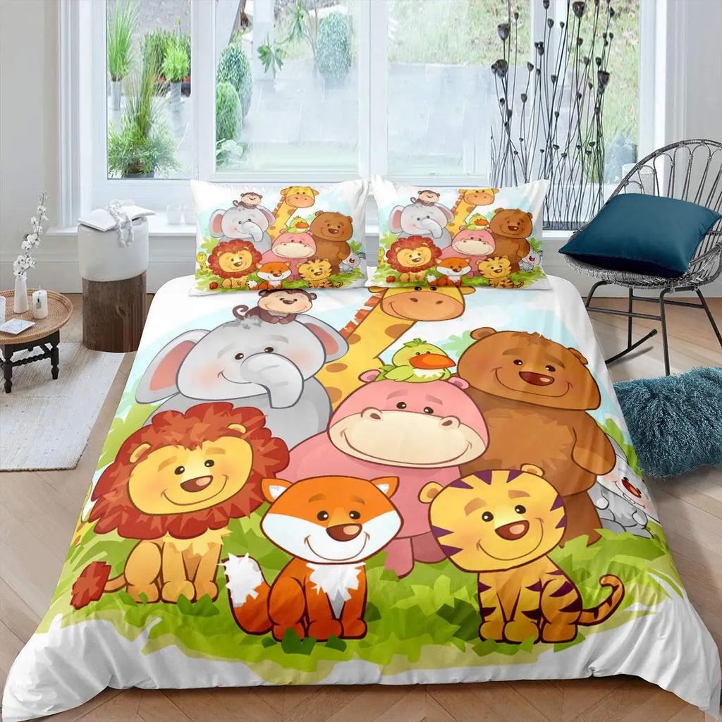 Cartoon Animals Duvet Cover Savannah Tropical Forest Jungle Wildlife For Boys Girls Kids Zoo Polyester Quilt Cover Bedroom Decor