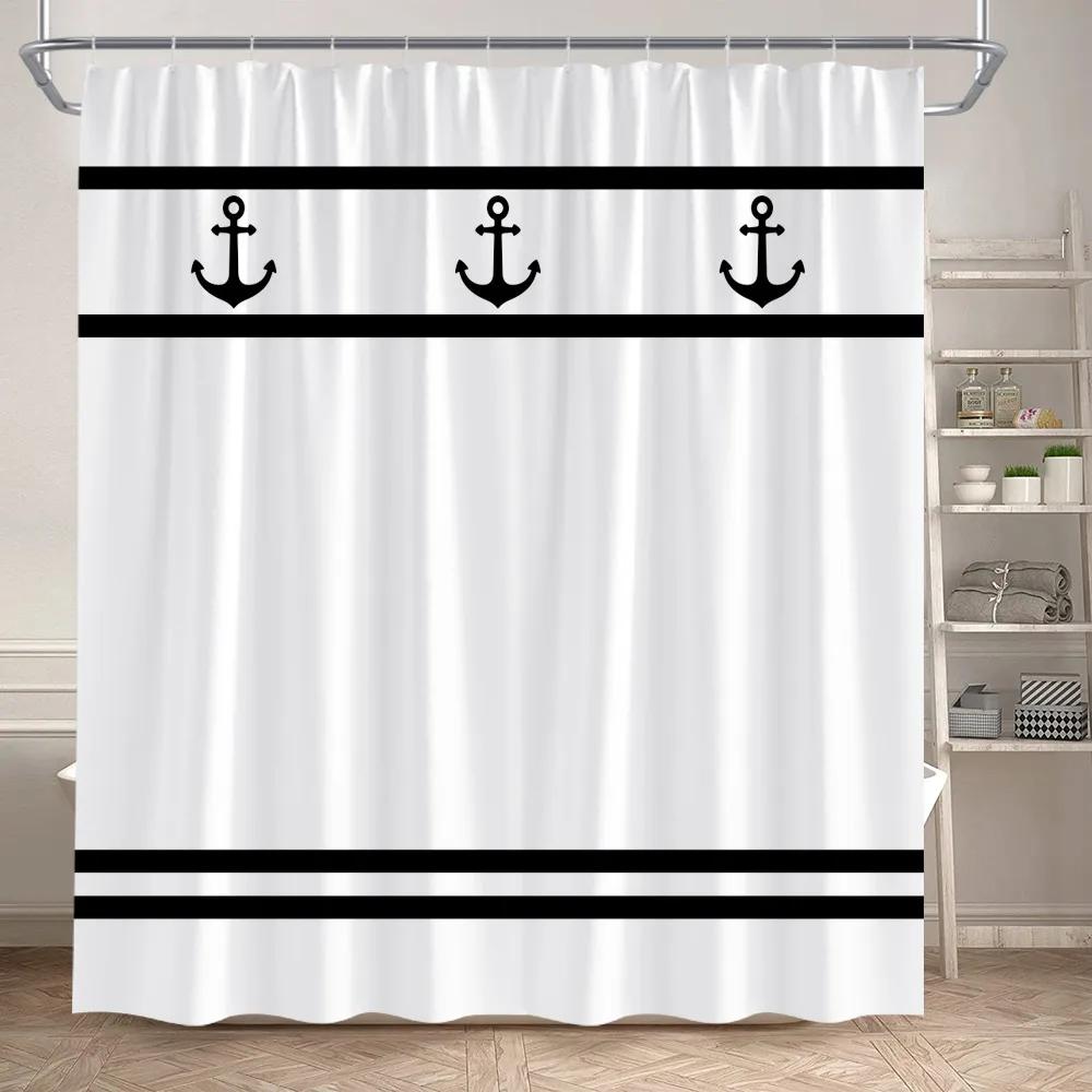 Blue And White Striped Shower Curtain Modern Geometric Nautical Anchor Bath Curtains Polyester Fabric Bathroom Decor with Hooks