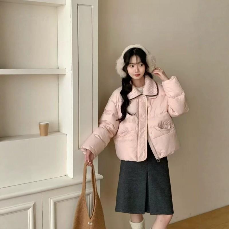 Womens Short Puffer Jacket With Knit Collar White Duck Down Winter Coat Petite Women