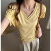 Shoulder-length short-sleeve T-shirt for women, spring-summer design niche V-neck waist-cinching slimming Korean style spicy girl basic black top