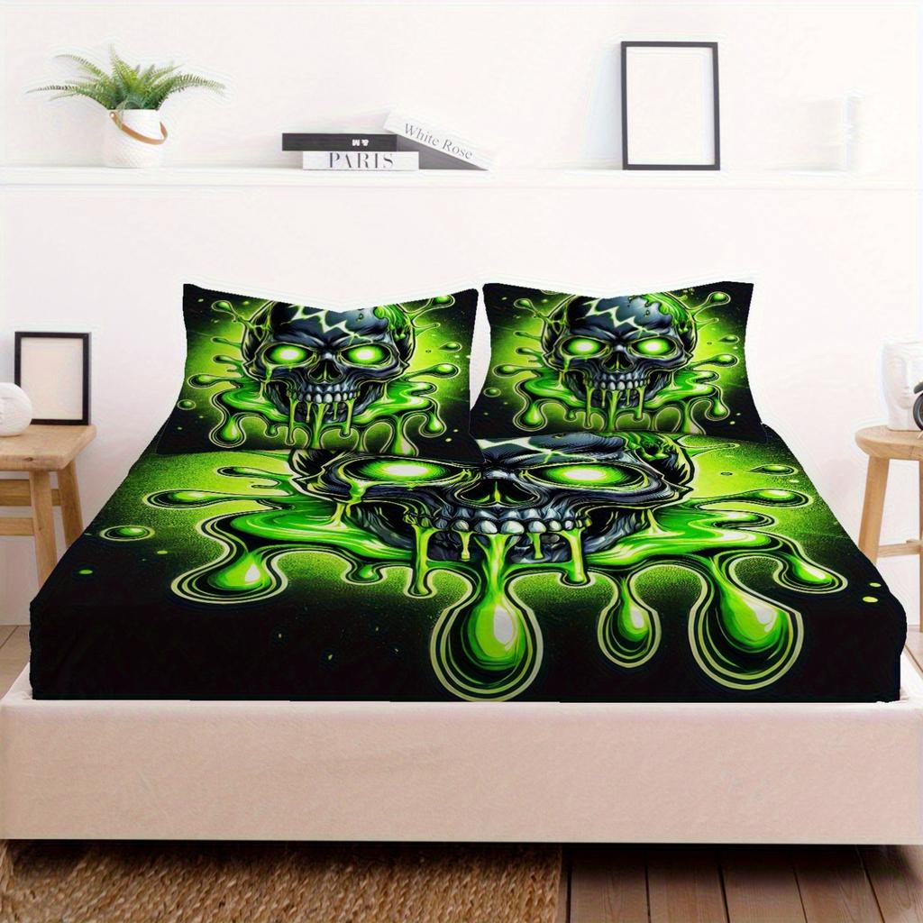 Green Slime Skull Fitted Sheet Set 3D Print Bedding Set Soft And Durable Fabric For Teens Bedroom Decor