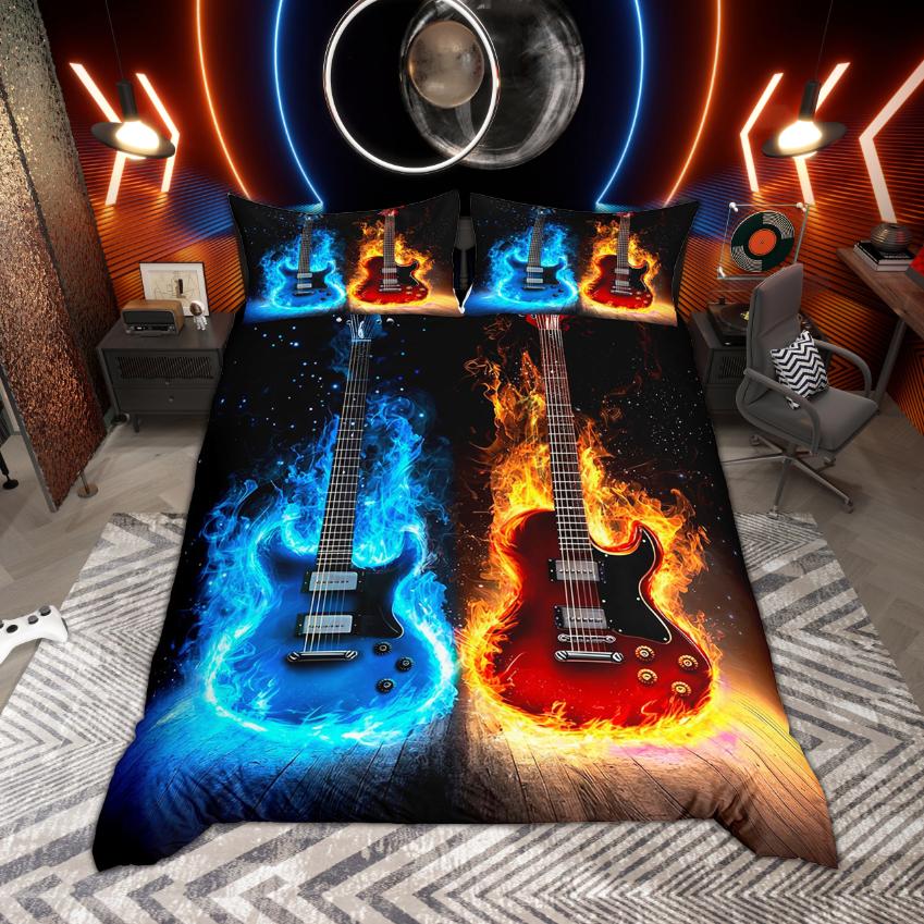 Zestaw poszwy na kołdrę Homewish z motywem muzycznym, Zestaw pościeli z gitarą w stylu hippie, Zestaw poszwy na kołdrę z nutami muzycznymi, Dekoracja sypialni