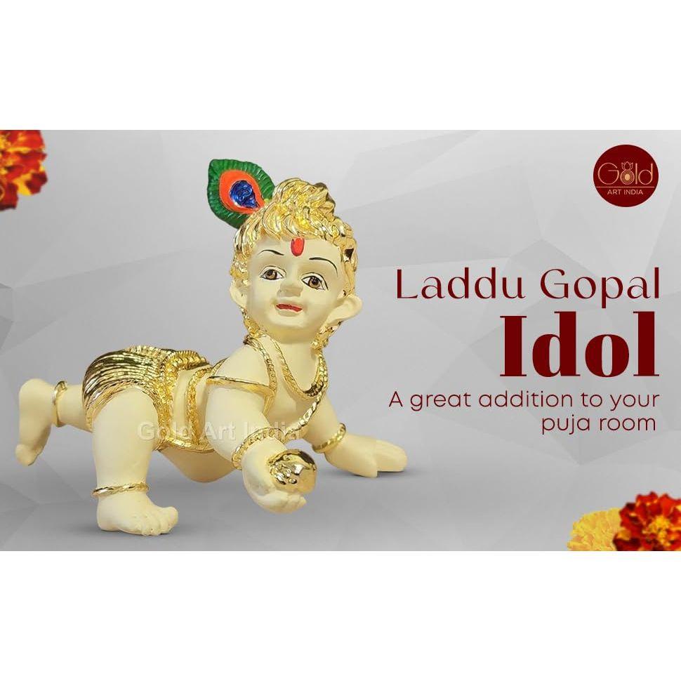 Indie Laddu Gopal Pozlacená Off-White Idolka | Bal Gopal | Malý Krišna | Makhan Chor | Syntetická pryskyřice (3x4)