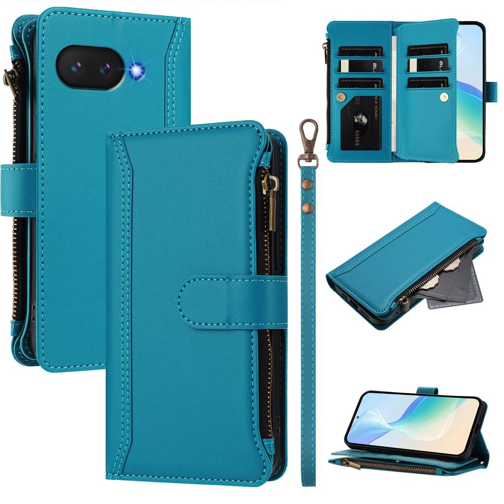 For Google Pixel 9a Leather Case 9 Card Slots Zipper Wallet Stand Phone Cover with Wrist Strap