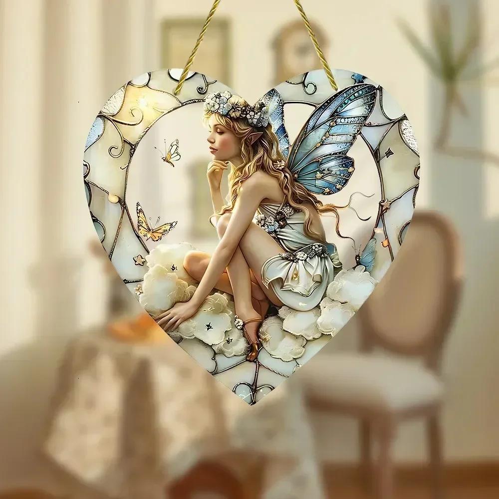 New 1pcs Magical Fairy Magic Night Fairy Suncatcher Stained Glass Acrylic Heart Wall Hanging Home And Garden Outdoor Decor