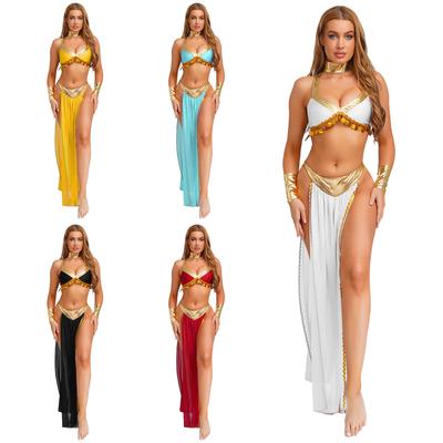Dámský egyptský cosplay crop top a sukně set S-4XL - 4dílný kostým starověké královny s rukávy s límcem, bočním rozparkem a metalickou patchworkovou aplikací