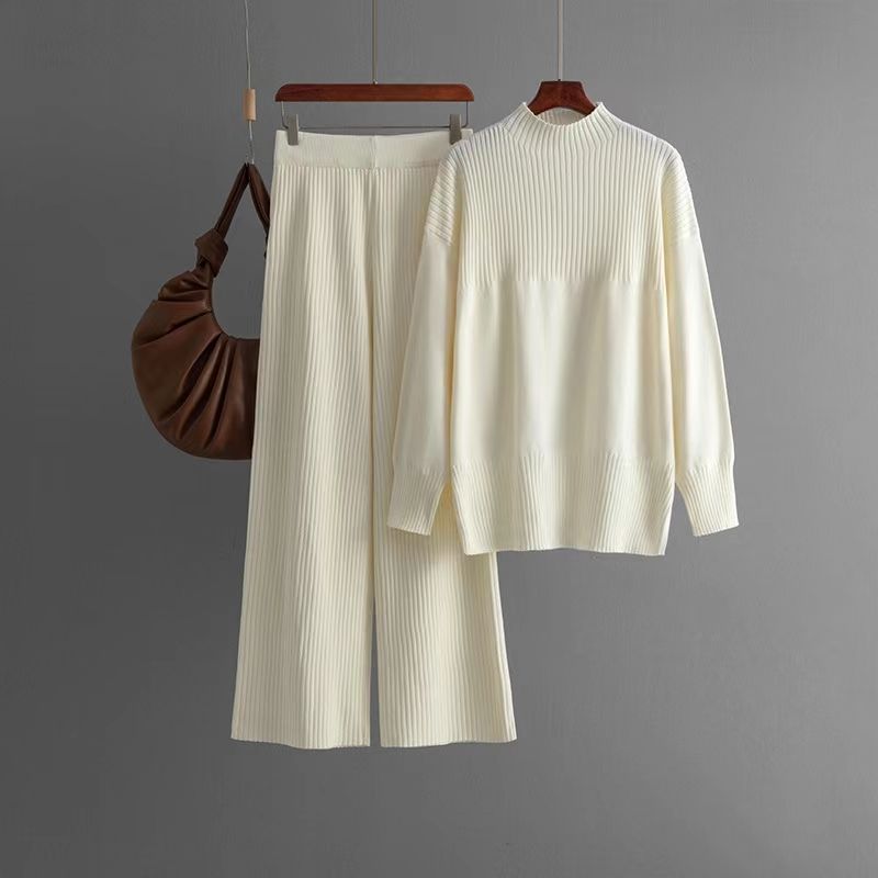 Fashion Knitting Crew Neck Split Sweater Pants Suit Loose Knitted Sweater Pants Set