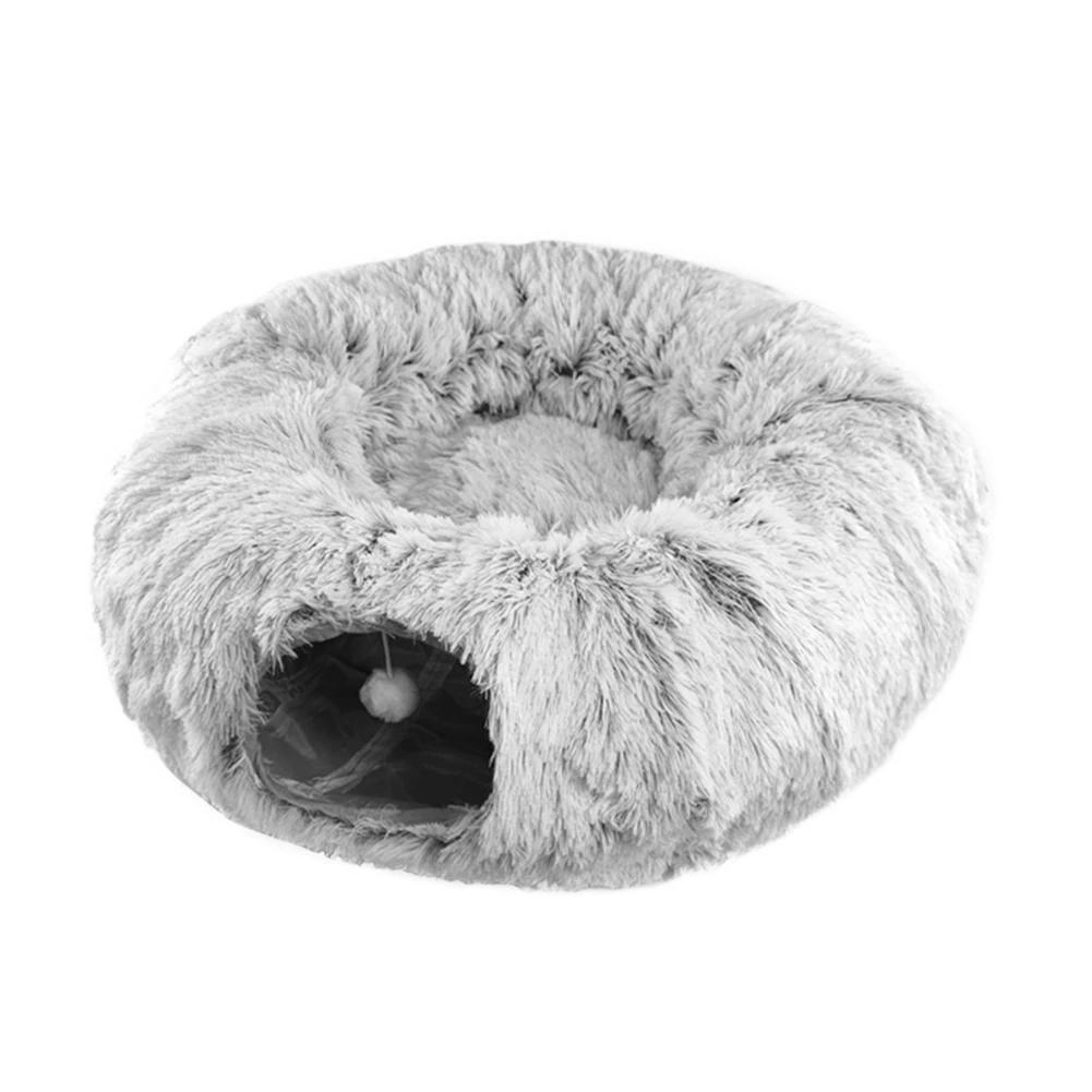 2 In 1 Round Cat Beds House Funny Cat Tunnel Toy Soft Long Plush Dog Bed Kittens Bed Mat Kennel Deep Sleep Winter Pets Cat Nest