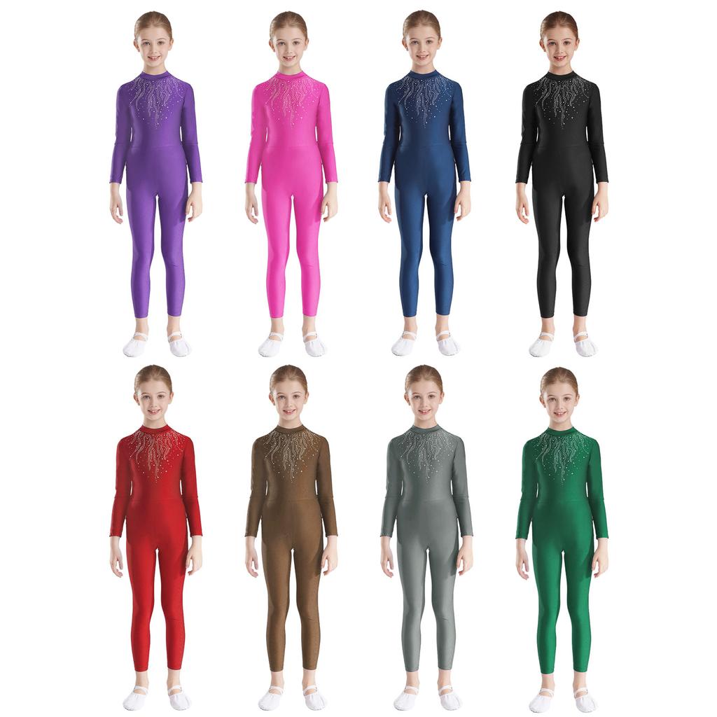 Dívčí třpytivý kamínkový gymnastický overal s dlouhým rukávem a klíčovou dírkou na zádech pro tanec, krasobruslení, unitard