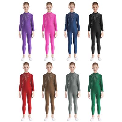Gymnastikanzug für Mädchen mit glitzerndem Strasssteinen, Schlüsselloch-Rücken, langärmelig, Trikot für Tanz, Eiskunstlauf