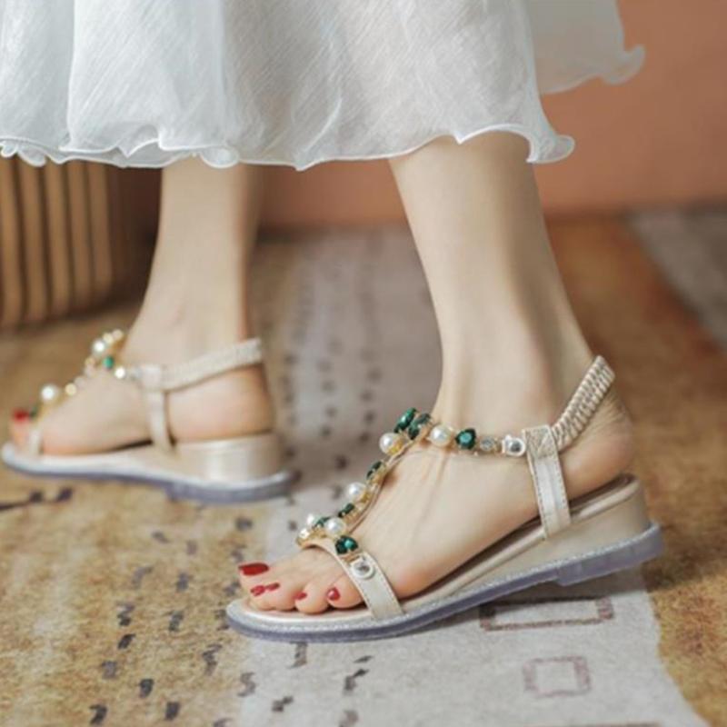 Pearl Diamond Women's Sandals Open Toe Flat Rubber No Heel Ladies Shoes Footwear Pvc Sales High Quality New Breathable Fashion