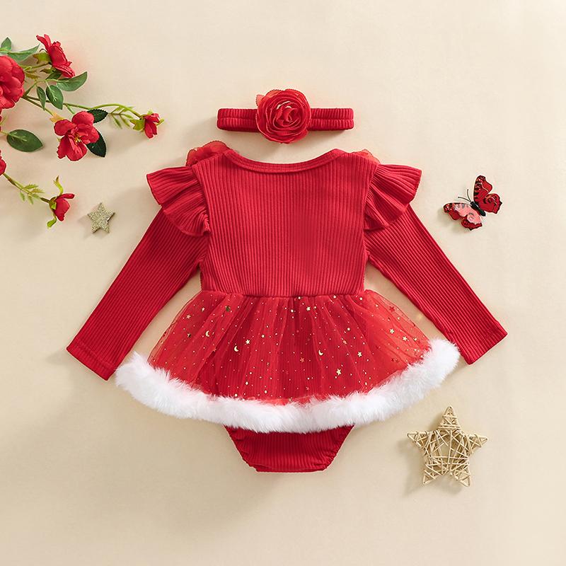 Newborn Baby Girl Christmas Red Romper Tulle Flower Bow Ruffle Jumpsuit Party Xmas Costumes Headband Outfits