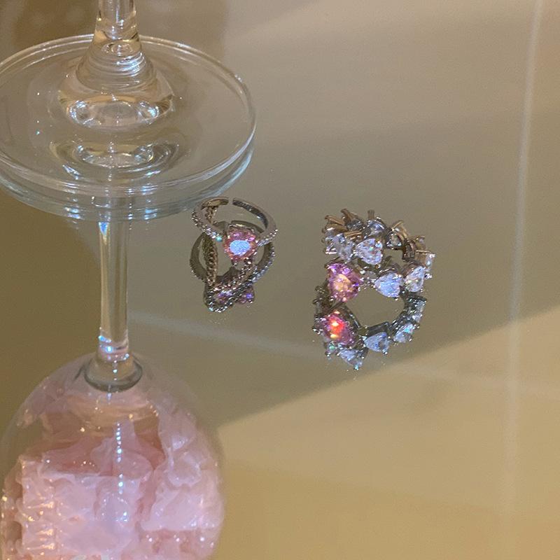 Light Luxury Pink Love Zircon Fringed Chain Open Ring Niche Design Sense Advanced Personality Sweet Cool Wind