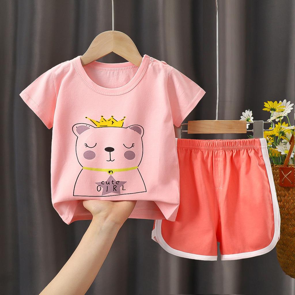 Kids Cotton Short Sleeve 2Pcs Set, Summer Shoulder Snap T-shirt & Shorts for Toddler Boys Girls