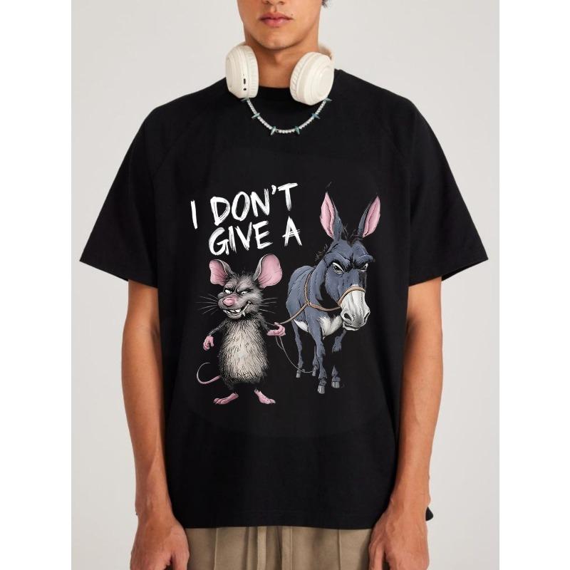 Men's Black T-Shirt I Don't Give A Rat And Donkey Graphic Print Casual Streetwear Top For Everyday Wear