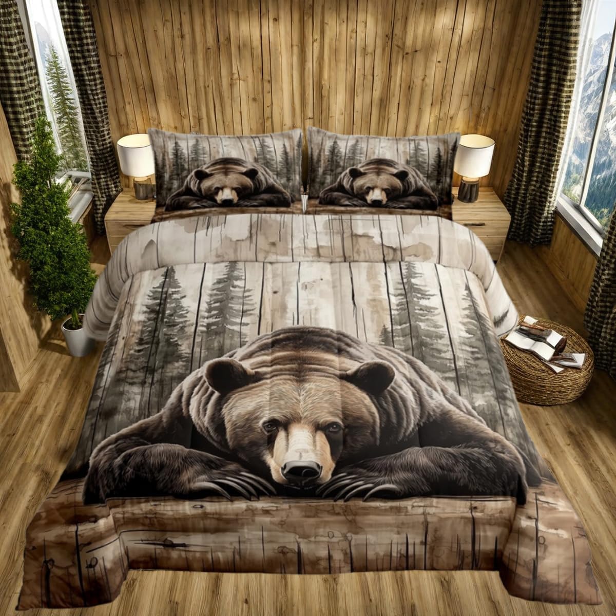 Ensemble de housse de couette simple ours grizzly Literie de cabane avec 1 taie d'oreiller Marron Rustique Ferme Forêt Animal Sauvage EU single(135x200cm)