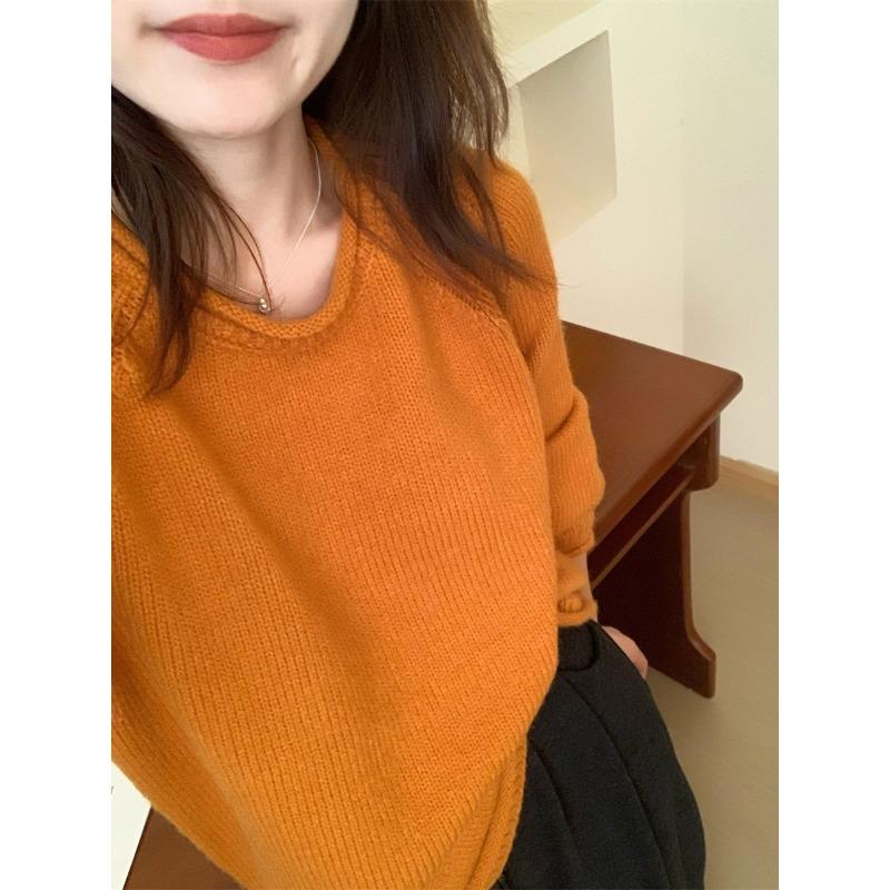 

Женский пуловер простого кроя однотонный с закрученными краями, новая осенняя модель, свободный, в стиле ретро, вязаный, ленивый стиль 061213278 average size [90-65kg] оранжевый