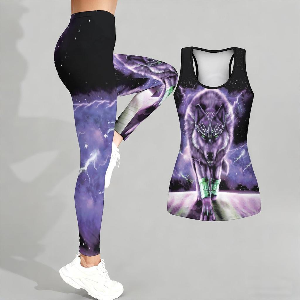 Strój do jogi z nadrukiem totemu wilka dla kobiet Modne legginsy treningowe Zestaw do fitnessu i sportu Codzienny zestaw do jogi Garnitur sportowy