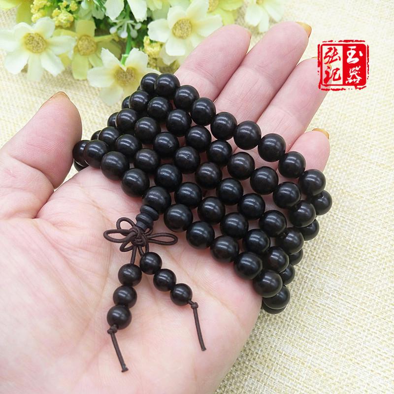 8mm Ebony Prayer Beads: 108 Multi-Strand Cylinder  Round Bead Rosary Bracelet