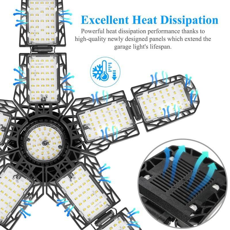 LED Garage Lights with 6+1/8+1/10+1 Adjustable Panels E26/E27 Ceiling Shop Work Lamp 150W 6500K Bulb for Workshop Industrial Lighting