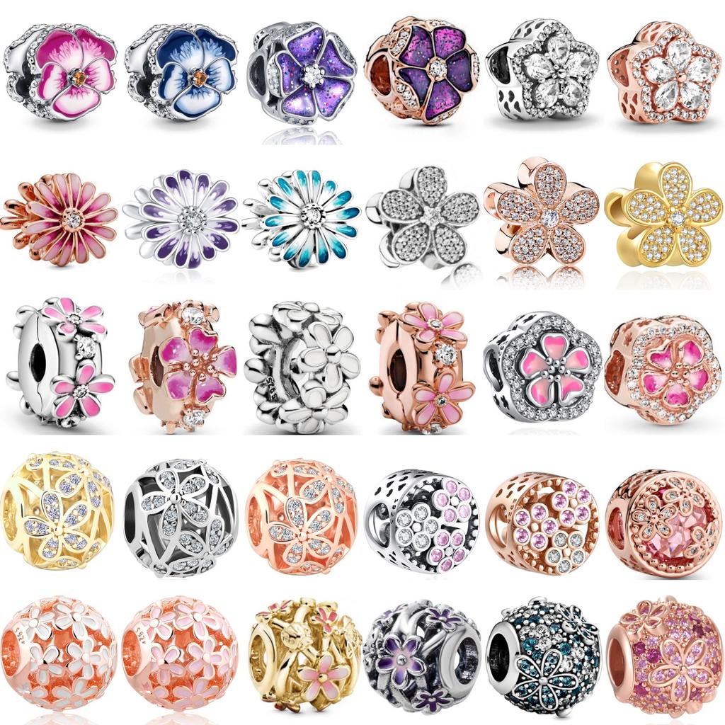 Classic 925 Silver Pink Blue Flower Pendant Bead Decoration Suitable For Necklace Bracelet DIY Women's Jewelry