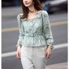 French Style Sweet Autumn New Shirts Women Square Collar Lace Printing Single Breasted Shirring Fashion Loog Sleeve Shirts Tops