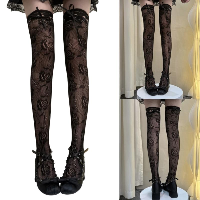 Lace Thigh High Socks With Rose Pattern Hollows Out Design Breathable Over Knee Stockings For Women Comfortable Polyester