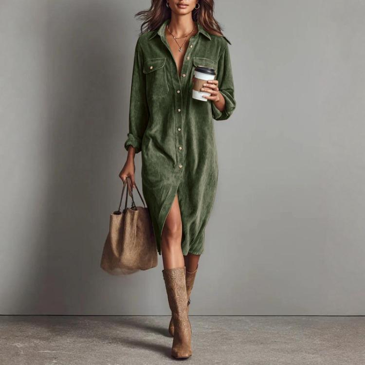 Loose Long Skirt Corduroy Long Sleeve Lapel Shirt Dress Women Casual Solid Color Fashion