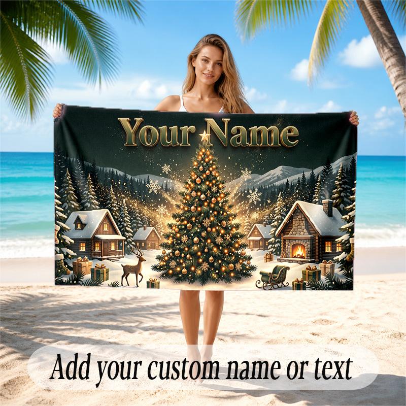 Christmas Theme Quick Dry Beach Towel Custom Name Text Print Large Sand Resistant Towel Beach Vacation