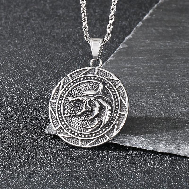 Trendy Retro Round Brand Wolf Head Pendant for Men, Domineering Pattern Jewelry 60CM