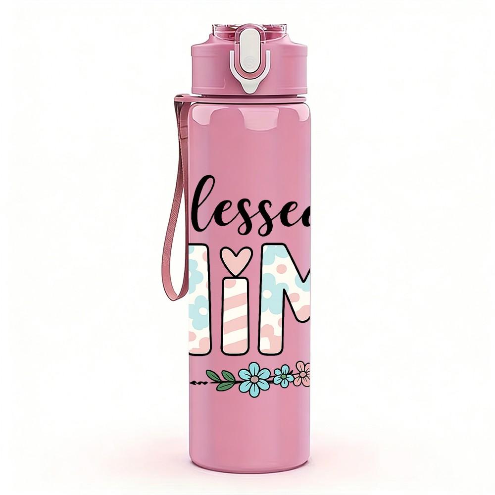 1PC Blessed Mimi Floral Color Letter 750ml Color Plastic Sports Water Bottle Leakproof Flip Straw Lid Suitable for Sports Office Home Use