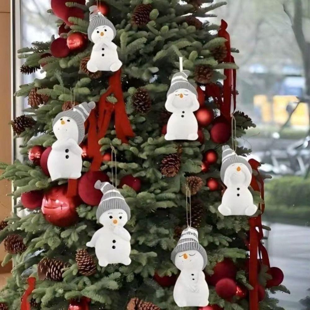 6Pcs Cute Christmas Snowman Pendant Cartoon Wooden Snowman Christmas Tree Pendant with Lanyard Hanging