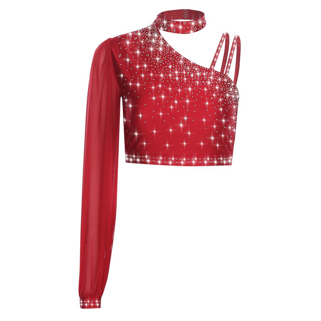 Damen Zeitgenössischer Tanz Top Asymmetrisch Transparentes Mesh Langarm Buntes Strass Crop Top
