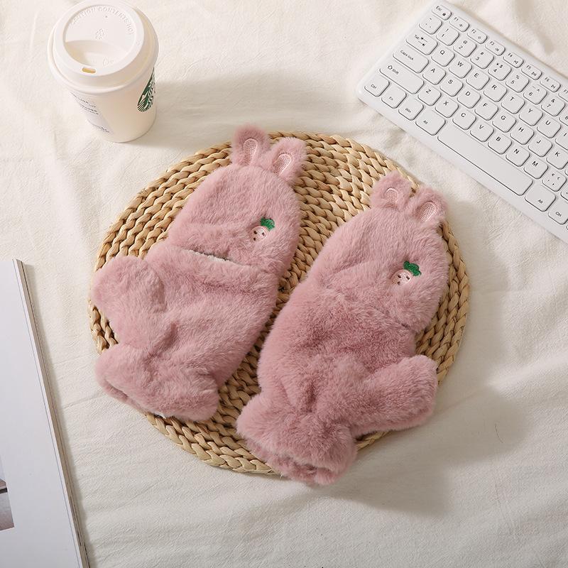 Flip half finger cute rabbit autumn and winter plush gloves female warm thickened student writing cycling gloves tide