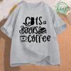 Cats Books and Coffee Fashion Men's Shirt Tops Short Sleeve Tee Shirts Book Reading Tshirt Coffee Lover T-shirt for Men Clothing