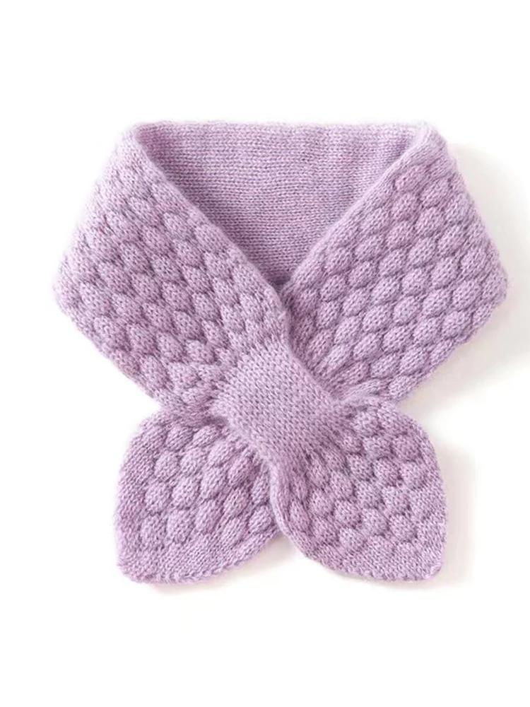 Women 100% Pure Cashmere Knitted Small Bowknot Scarf Neckerchief Moss Stitch Soft Neck Warmer Ring Collar Female Boutique Acc