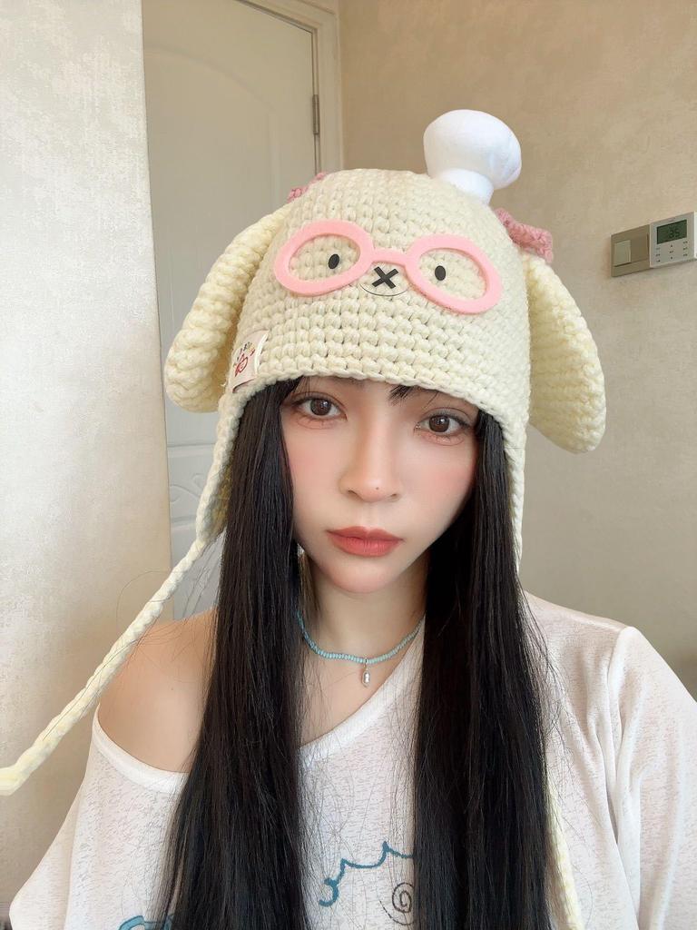 Damen-Wollmütze Herbst/Winter 2025 mit lustigem Welpenohren- und Brillen-Design