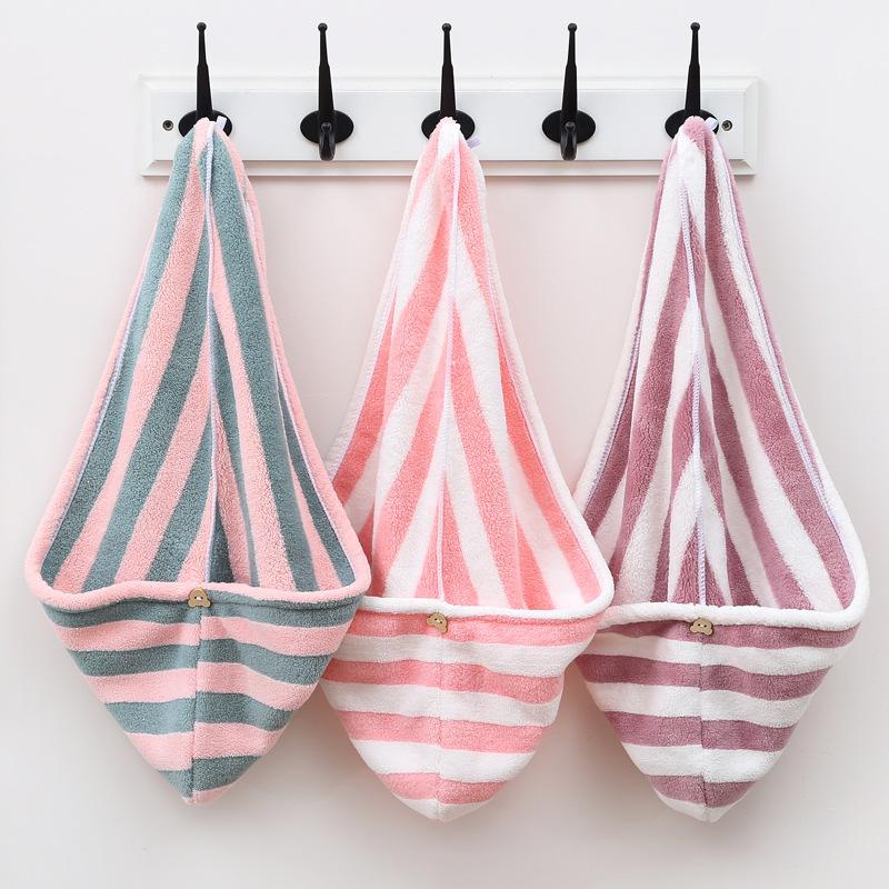 Wide Striped Coral Fleece Shower Cap, Girls Long Hair Quick-drying, Water-absorbing Dry Hair Towel, Soft Head Towel, Head Towel