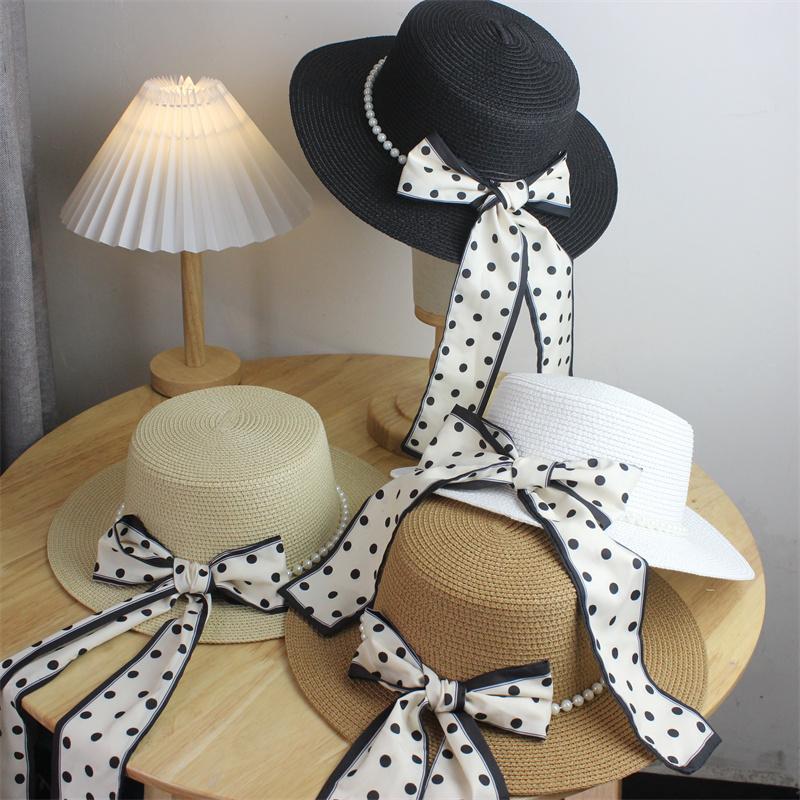 Straw hat summer sun hat elegant polka dot streamer pearl flat top hat travel small fresh sun hat
