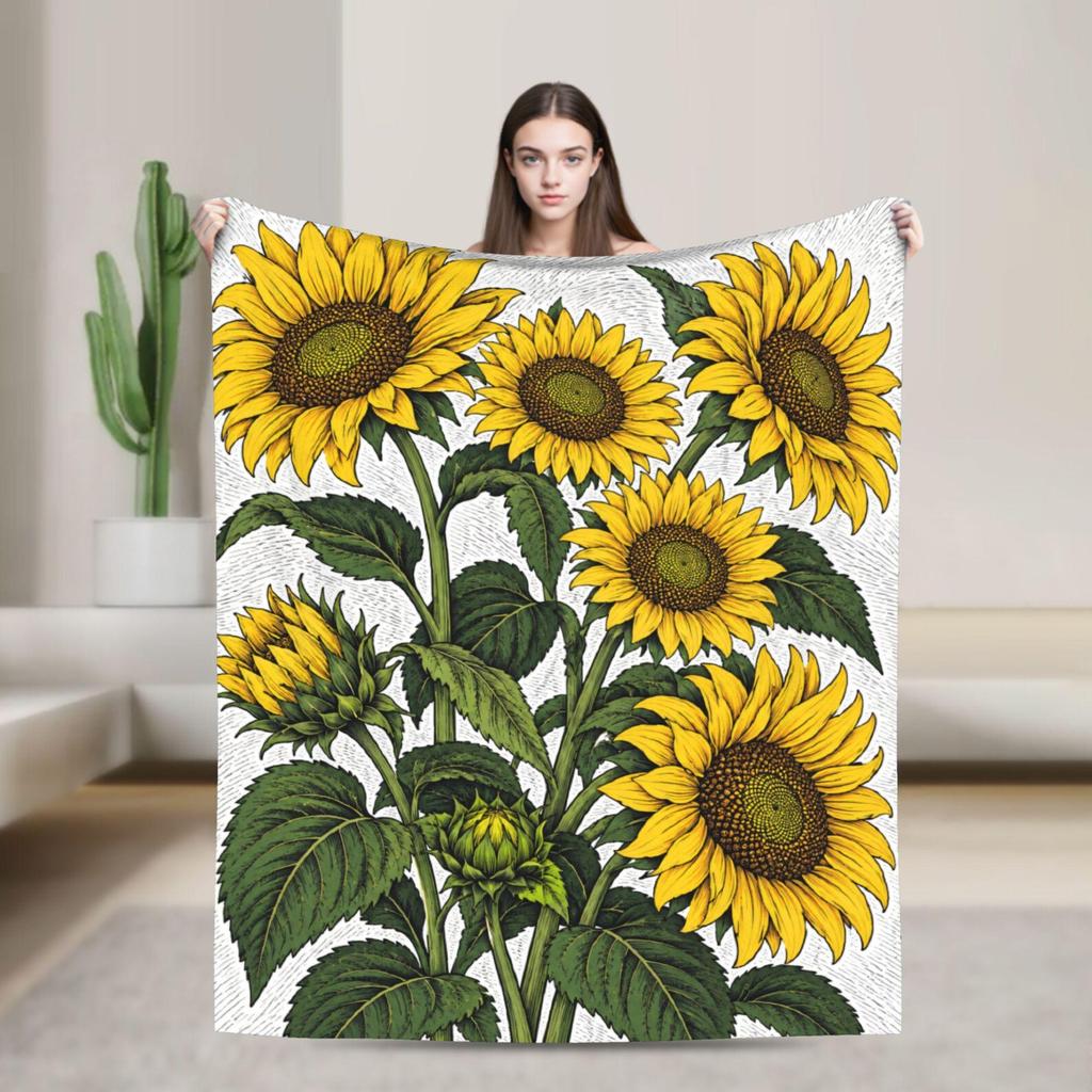 Vintage Sunflower Blanket Yellow Floral Throw Farmhouse Flannel Decor