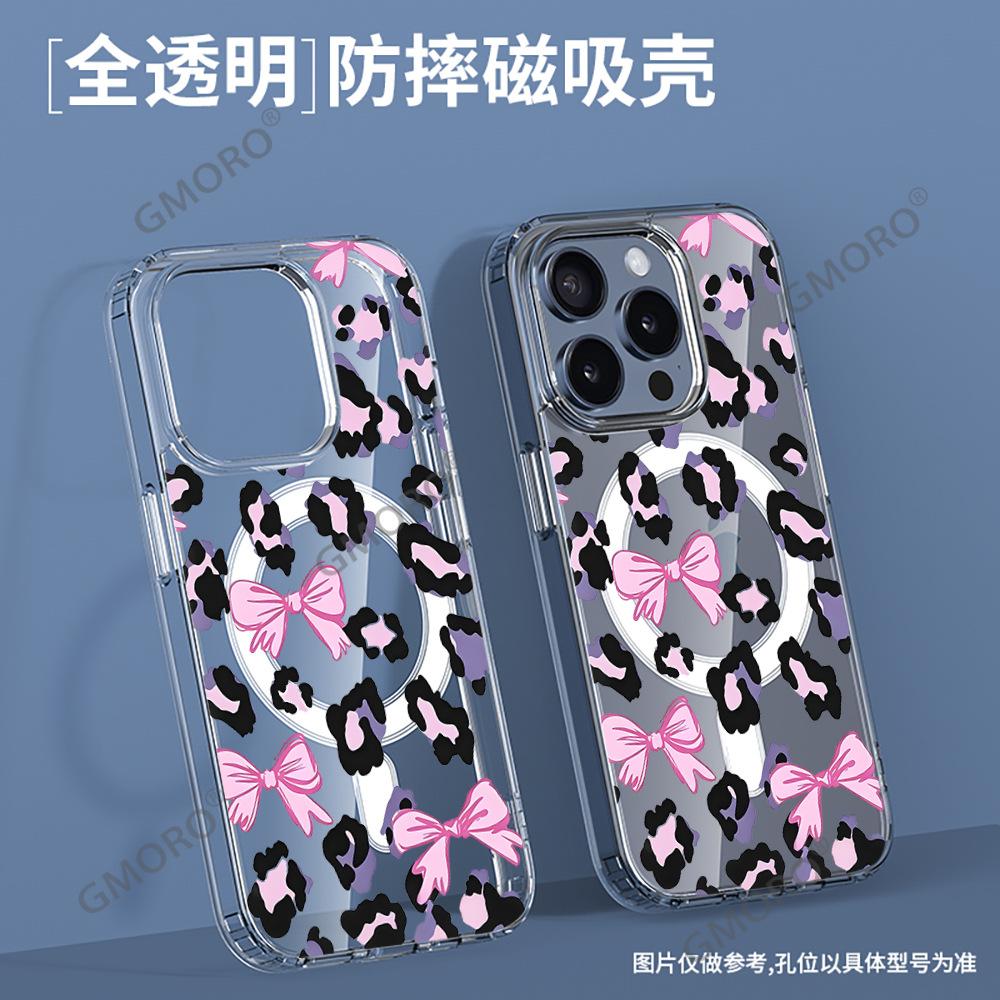 Pink Bow Leopard Print iPhone Mobile Phone Case Apple 17promax Magnetic Transparent Case 16 Anti-drop European and American Hot Sales