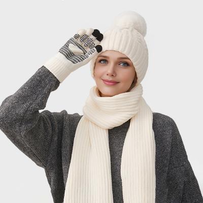 Yousheng 3Pcs/Set Winter Hat Scarf Gloves Set Solid Color Windproof Plush Ball Hat Neck Warmer Touch Screen Gloves Set